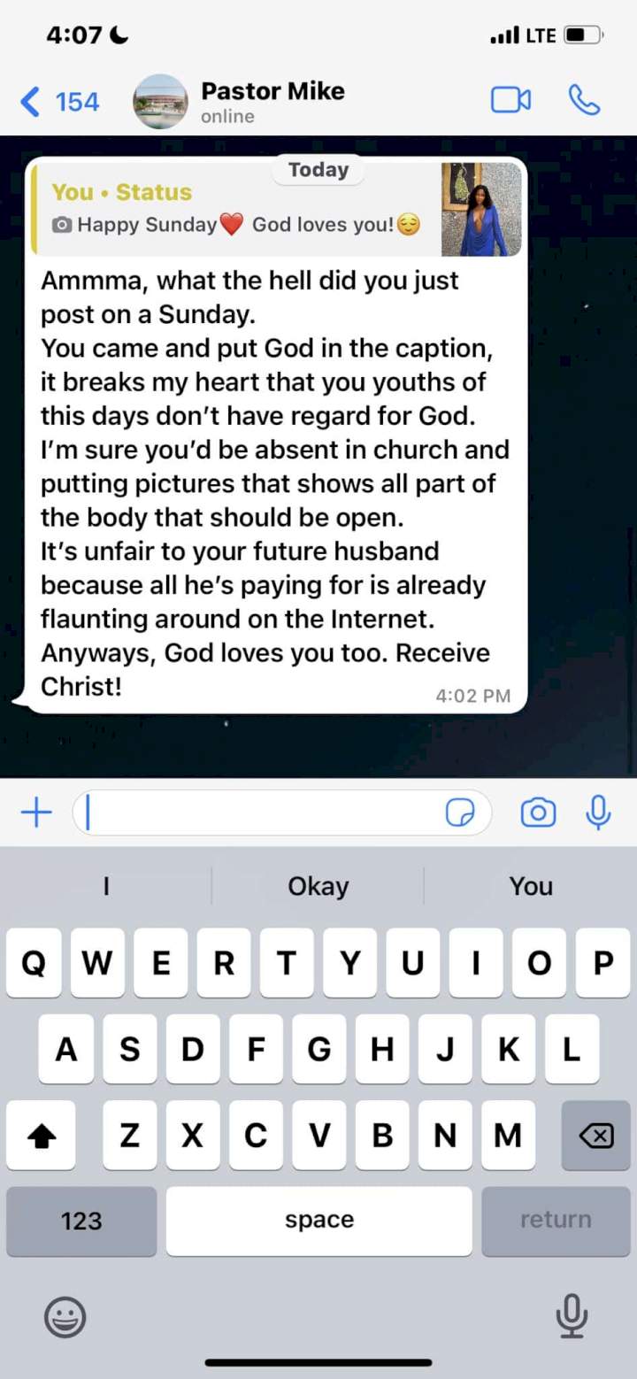 Pastor Rebukes Lady Over Sultry Photos She Shared