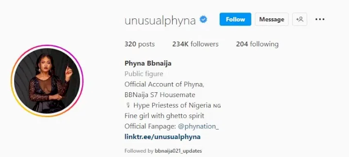 BBNaija: Fans Rejoice As Phyna Gets Verified On Instagram
